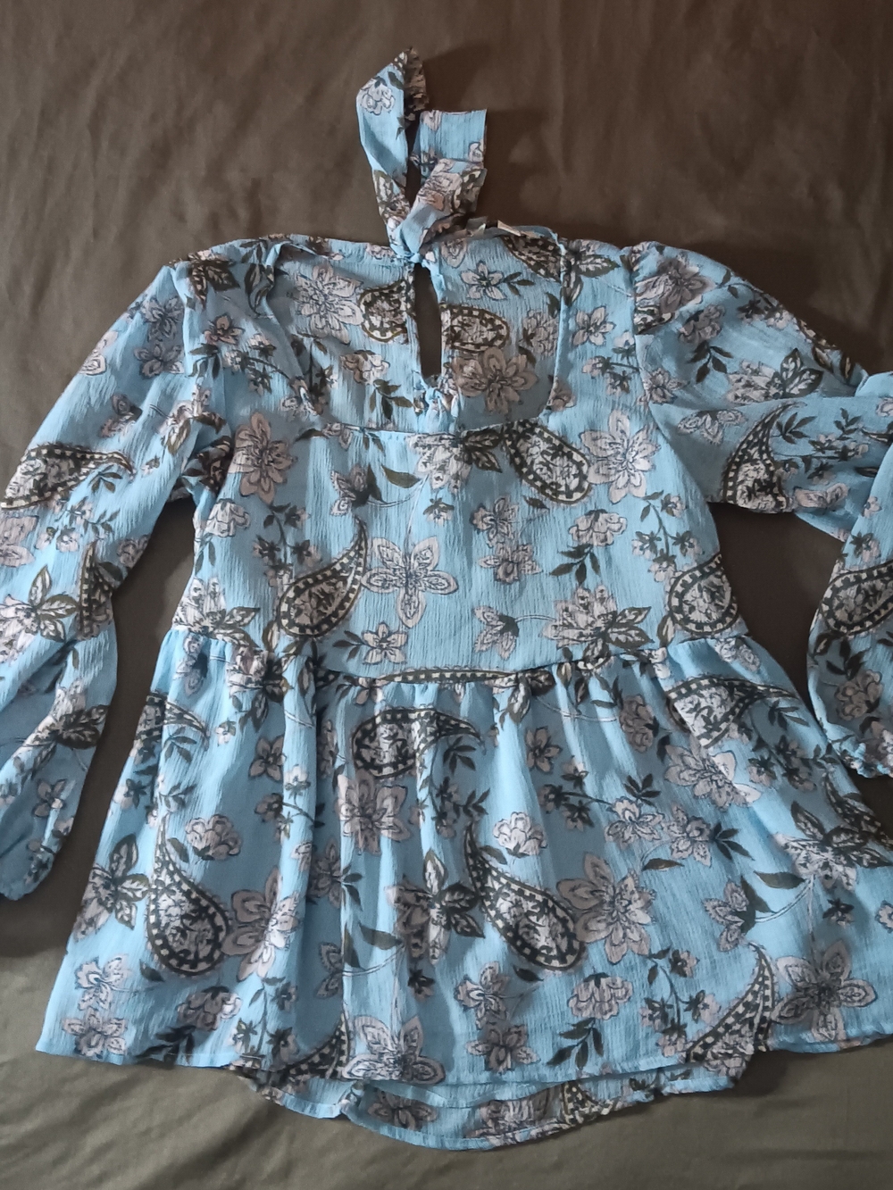 American Eagle Outfitters Sky Blue Floral Paisley Tie-back Blouse